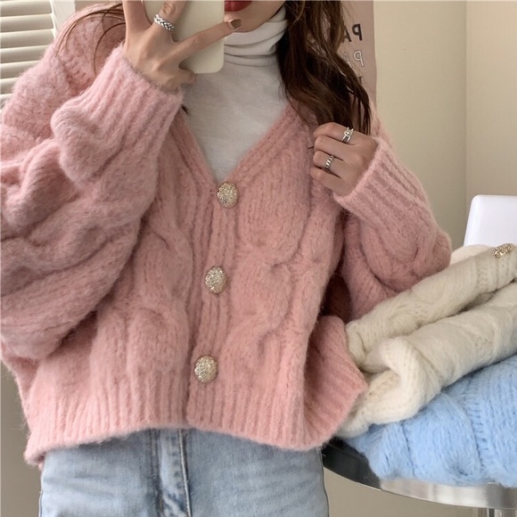 Cardigan sweater cable knit pink cream white womens button long sle… - Picture 4 of 16